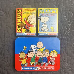 Peanuts 50th Celebration Tin 2 Sets Of New Playing Cards Hoyle 1 Sealed, 1 Open
